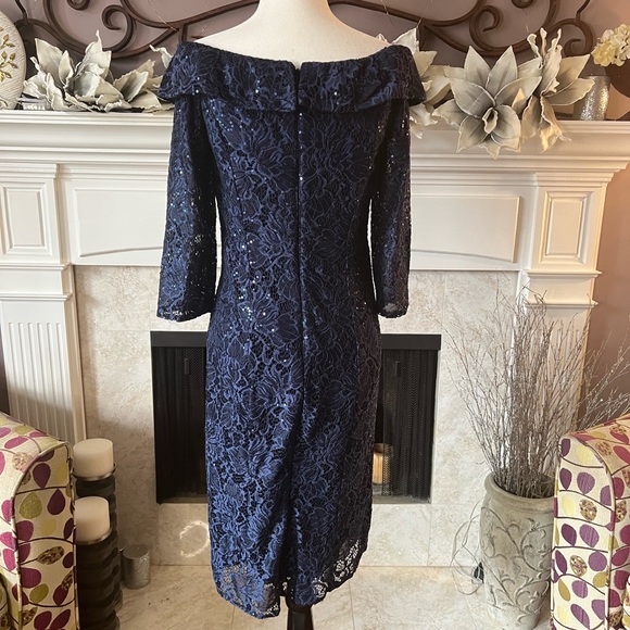 Alex Evenings Off the Shoulder lace and Sequence Dress, Navy, Size 8, NWT - Picture 12 of 15